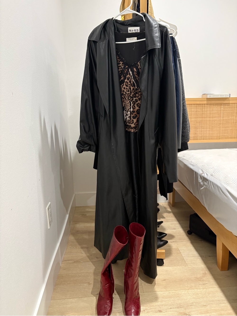 NA-KD Black Faux Leather Trench Coat with Leopard Slip